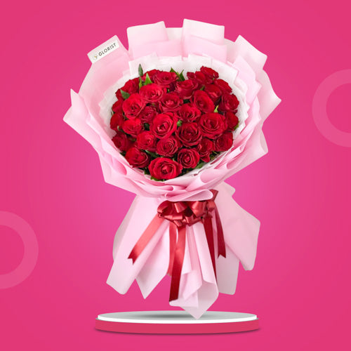 Heart Pleasures bouquet featuring 30 Red China Roses in a luxurious Korean-style wrap.