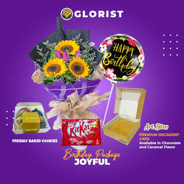 Vibrant package featuring a stunning sunflower and tulips bouquet, mouthwatering Red Ribbon cake, delightful KitKat chocolate, indulgent Art Bites cookies, and festive birthday balloon.