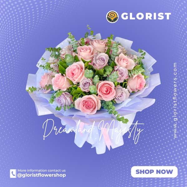 A bouquet of 12 purple and 12 light pink Ecuadorian roses accompanied by eucalyptus. The bouquet is expertly wrapped in a unique combination of purple Korean-style wrapping tied with pink satin ribbon, creating a visually captivating contrast.