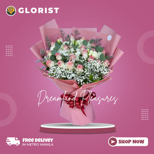 A stunning bouquet featuring three beautiful Two-toned Pink China roses, gypsophila, misty blue and eucalyptus leaves. This exquisite arrangement is expertly wrapped in a Korean-style wrap, adorned with a luxurious satin ribbon. Celebrate any occasion with this enchanting bouquet of flowers, designed to impress and delight.