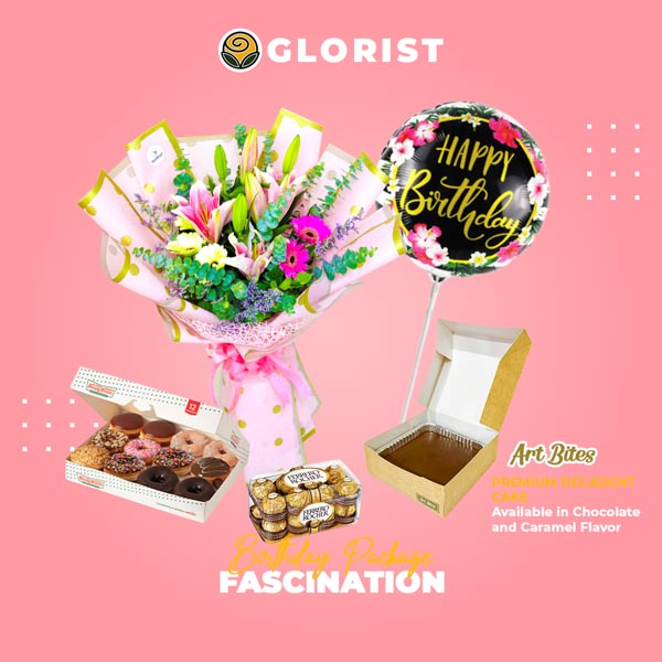 Enchanting package featuring a captivating gerbera daisy and stargazer lily bouquet, delicious Red Ribbon cake, delightful Krispy Kreme doughnut, indulgent Ferrero Rocher chocolate, and festive birthday balloon.