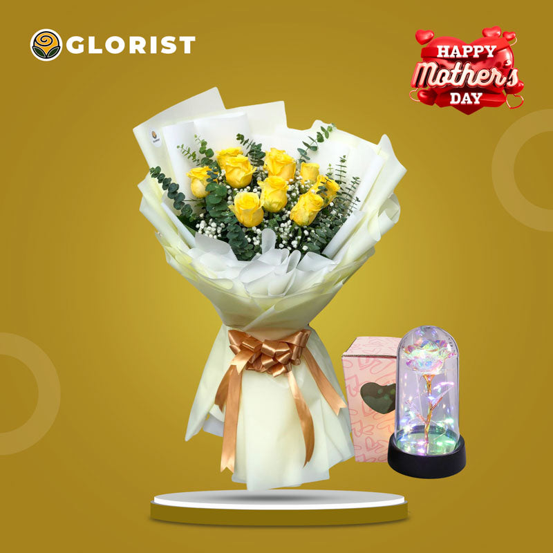 AURORA Flower Bouquet with 10 yellow China roses, eucalyptus fillers, white gypsophila, light yellow and white Korean wrap, and Free Eternal Dome Light