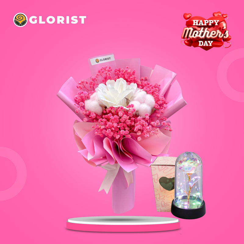 BLUSH Dried Flower Bouquet in light pink pastel wrap with Free Eternal Dome Light