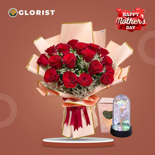 COLOSSAL Flower Bouquet with 20 red China roses, white misty fillers, light pink-gold bordered Korean wrap, and Free Eternal Dome Light