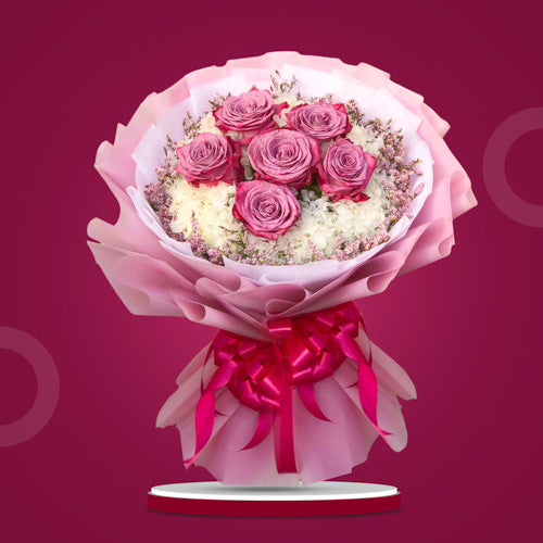 6 purple Ecuadorian roses with hydrangea in pink Korean-style packaging with pink satin ribbon - perfect for special occasions - flower delivery in Malolos, Bulacan