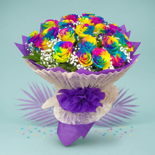 24 rainbow Ecuadorian roses with gypsophila fillers in purple tissue wrap and abaca - perfect for elegant occasions - Glorist Flower Shop, San Jose del Monte, Bulacan