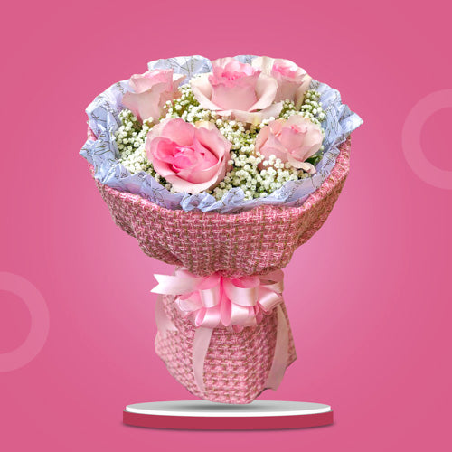 5 light pink Ecuadorian roses with gypsophila fillers in burlap wrap - elegant flower arrangement for special occasions - flower delivery in Plaridel, Bulacan