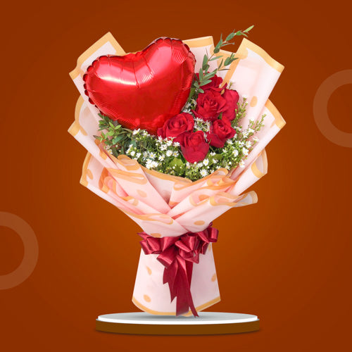 Empowered Love: Six red roses with a heart balloon and aster fillers in Korean wrap with bordered polka dots and red satin ribbon - elegant flower arrangement for special occasions - flower delivery to Shangri-La Plaza and Bonifacio High Street