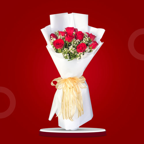 Classic Bouquet: Vibrant red roses with aster fillers in white Korean-style wrap with organza ribbon - timeless symbol of love and elegance - flower delivery to Makati Central Business District (CBD) and Ayala Triangle Gardens