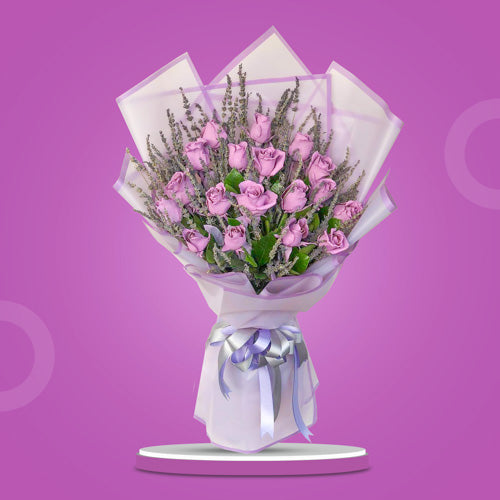 Lavender Love Bouquet featuring 18 purple roses with floral paint and fragrant lavender in an elegant and romantic arrangement.