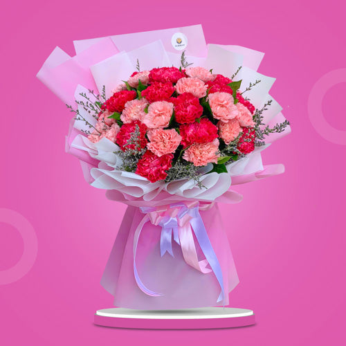 One Radiance bouquet with 20 light pink carnations, 20 dark pink carnations, and misty blue fillers.