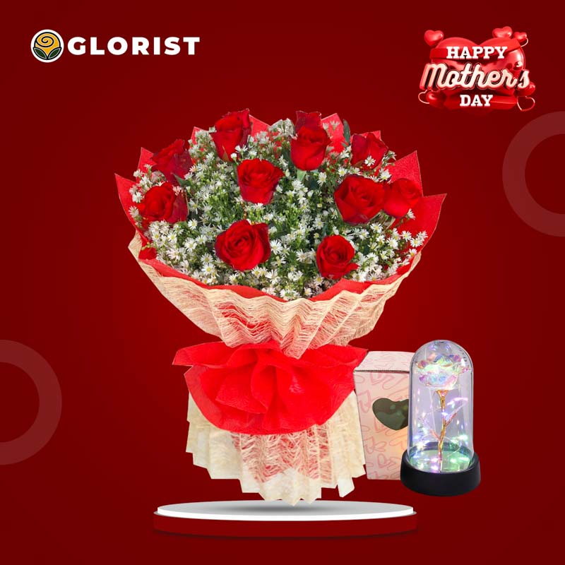 PASSION Flower Bouquet with 12 red roses, aster fillers, red tissue, cream abaca wrap, and Free Eternal Dome Light