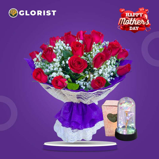 PRETTY Flower Bouquet with 24 red roses, white gypsophila, violet wrap, and Free Eternal Dome Light