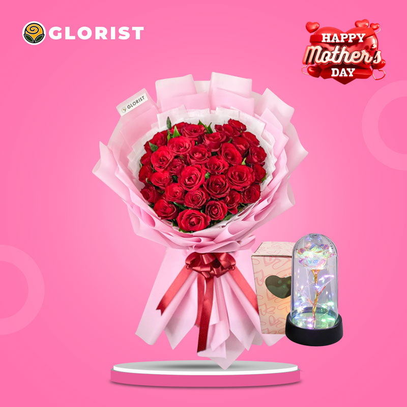 PROMISE Flower Bouquet with 30 red China roses, white and light pink Korean wrap, and Free Eternal Dome Light