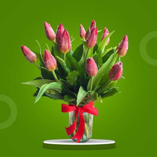 1 Dozen Red Tulips arranged in a Transparent Classic Glass Vase, showcasing the elegance and beauty of fresh tulips in a timeless display.