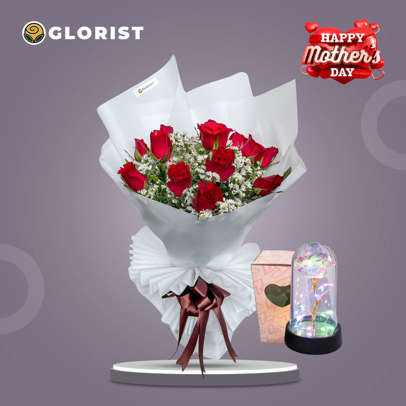 RUBY Flower Bouquet with 12 red roses, aster fillers, white Korean wrap, and Free Eternal Dome Light