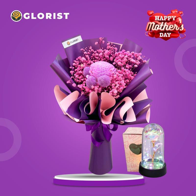 SPECIAL Dried Flower Bouquet in purple pastel wrap with Free Eternal Dome Light