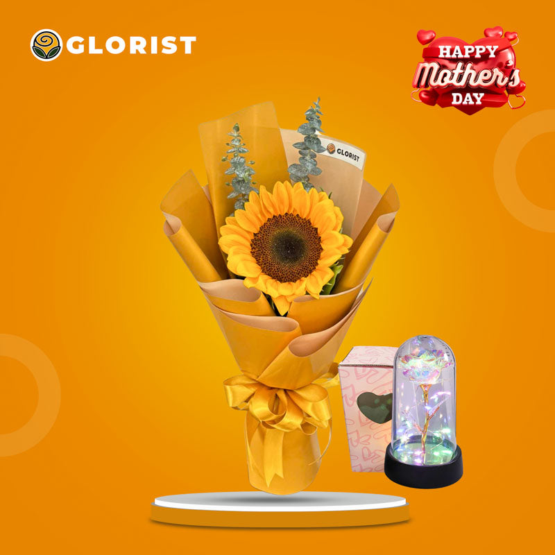SUNRISE Flower Bouquet with sunflower, eucalyptus fillers, yellow gold Korean wrap, and Free Eternal Dome Light