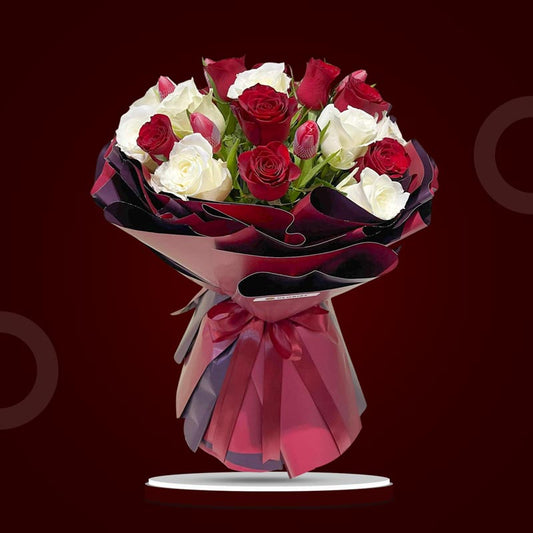 Admirable Love bouquet with cherry red tulips, white China roses, and red China roses in a wine red and maroon wrap — same-day delivery Manila