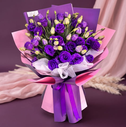 Purple lisianthus flower bouquet with purple Korean-style wrapping