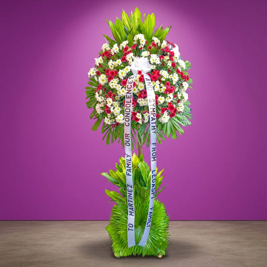 Amazing Memory Flower Stand with white Malaysian mums, bold Jaguar flowers and Anahaw leaves for funeral and sympathy