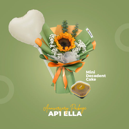 AP1 Ella Anniversary Package with sunflower bouquet, balloon, and Art Bites Mini Decadent Cake