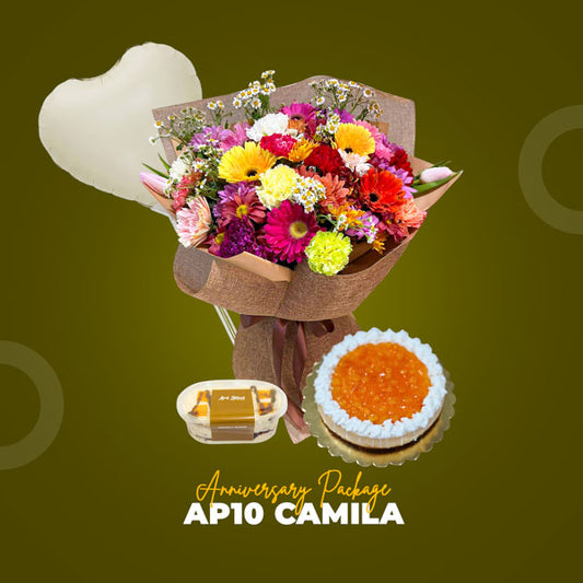 AP10 Camila Anniversary Package with Thumbelina Love Flower Bouquet, balloon, Mango Choco Tango, and Mango Cheese Cake