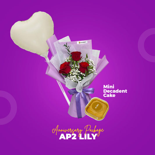 AP2 Lily Anniversary Package with rose bouquet, balloon, and Art Bites Mini Decadent Caramel Cake