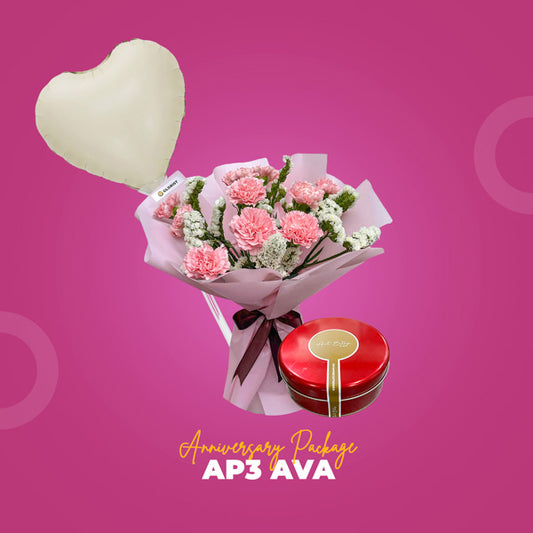 AP3 Ava Anniversary Package with carnation bouquet, balloon, and Art Bites Dreamcake