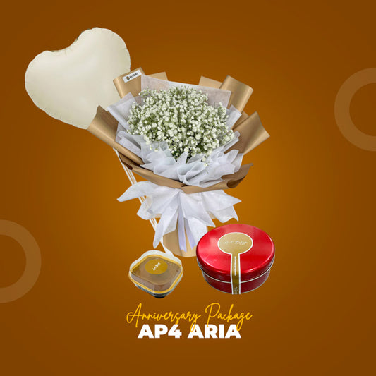AP4 Aria Anniversary Package with gypsophila bouquet, balloon, Mini Decadent Cake, and Dreamcake