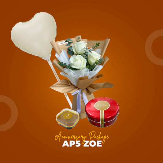 AP5 Zoe Anniversary Package with white rose bouquet, balloon, Mini Decadent Cake, and Dreamcake