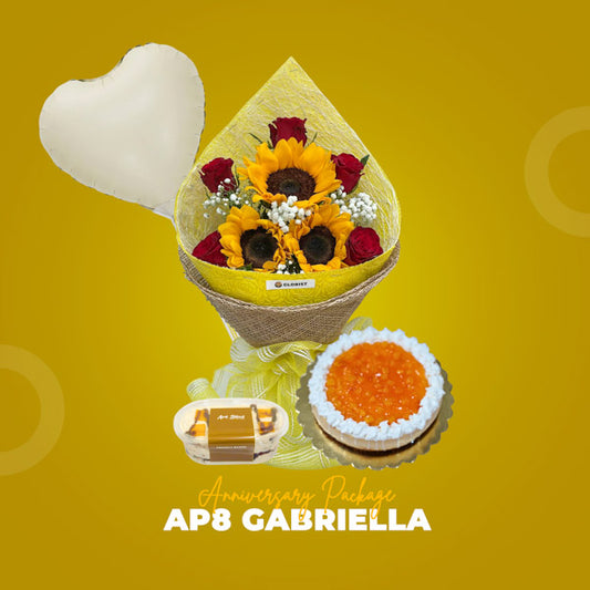 AP8 Gabriella Anniversary Package with Flavor Love Flower Bouquet, balloon, Mango Choco Tango, and Mango Cheesecake