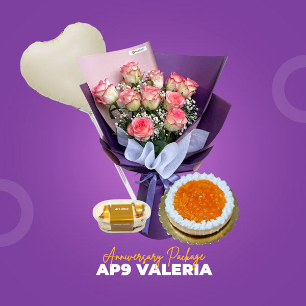 AP9 Valeria Anniversary Package with Affectionate Flora Flower Bouquet, balloon, Mango Choco Tango, and Mango Cheesecake