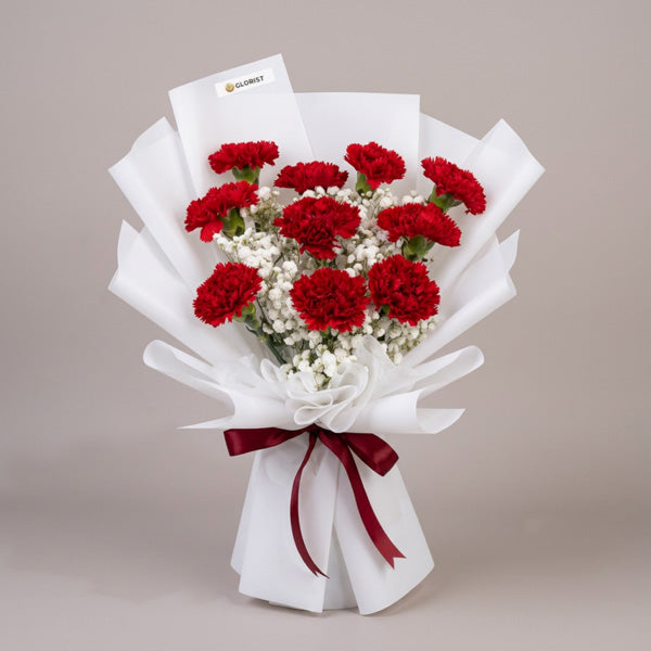 Astra Radiance Flower Bouquet with 10 red carnations and gypsophila baby's breath wrapped in white Korean-style paper with red ribbon, same-day delivery in Metro Manila