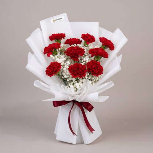 Astra Radiance Flower Bouquet with 10 red carnations and gypsophila baby's breath wrapped in white Korean-style paper with red ribbon, same-day delivery in Metro Manila