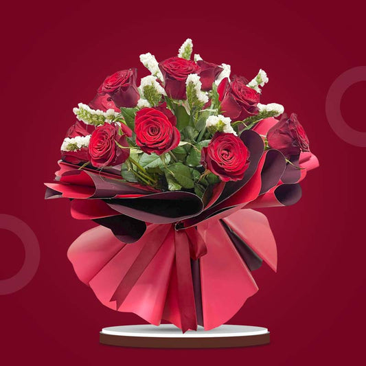 Aurora Flora bouquet with 12 red China roses and white statice wrapped in maroon and wine red Korean paper with maroon ribbon