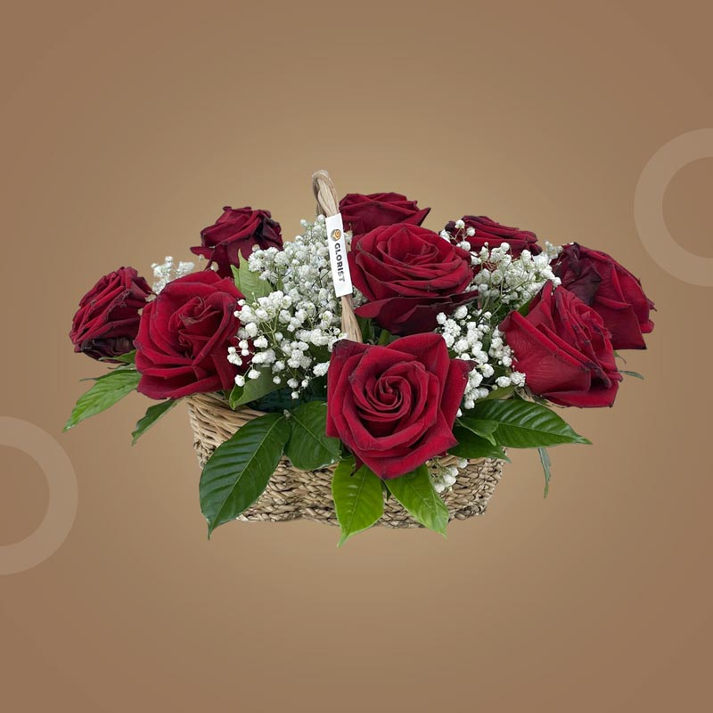 Awesome Fantasy basket with twelve red Ecuadorian roses and gypsophila baby’s breath in a woven basket

