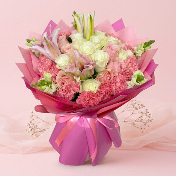 Pink and white China rose bouquet with carnations and stargazer lily