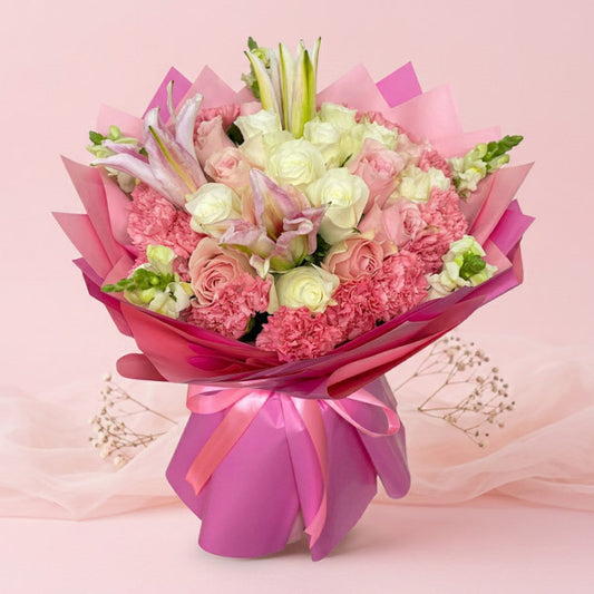Pink and white China rose bouquet with carnations and stargazer lily