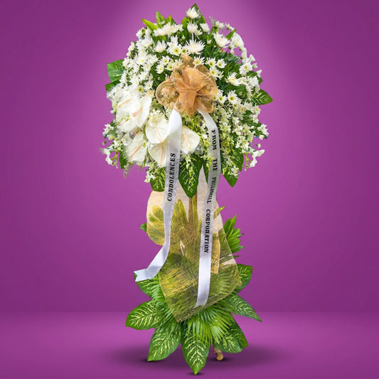 Blazing Memory Funeral Stand with white Malaysian mums, green line leaves, anahaw leaves, and eucalyptus — sympathy flower stand