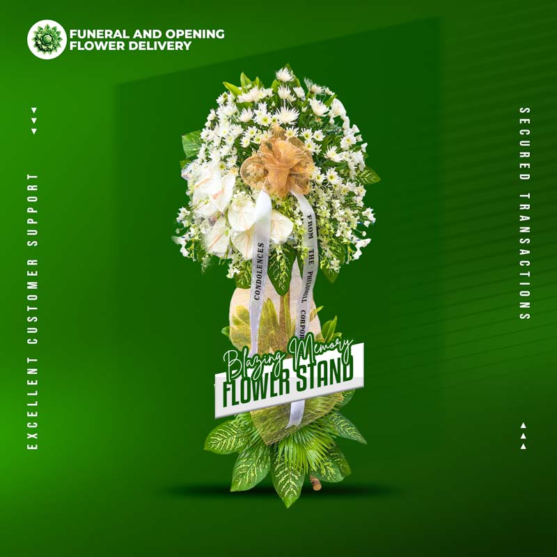 Blazing Memory Funeral Stand with white Malaysian mums, green line leaves, anahaw leaves, and eucalyptus — sympathy flower stand