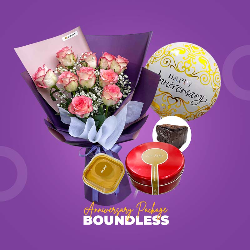 Boundless Anniversary Package with imported China rose bouquet, chocolate and caramel cakes, and anniversary balloon