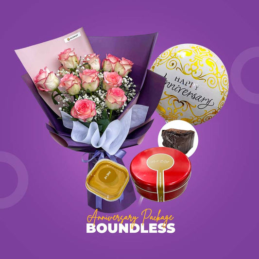 Boundless Anniversary Package with imported China rose bouquet, chocolate and caramel cakes, and anniversary balloon