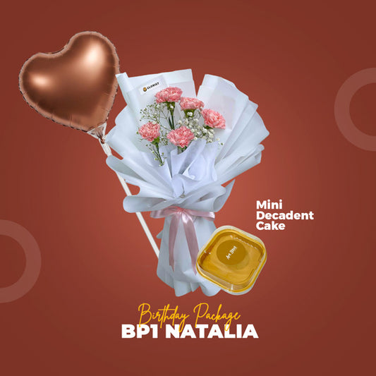 BP1 Natalia Birthday Package with carnation bouquet, birthday balloon, and Art Bites Mini Decadent Cake