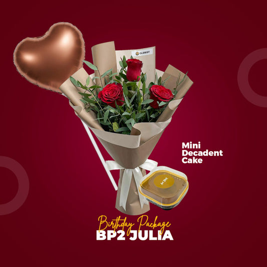 BP2 Julia Birthday Package with imported rose bouquet, birthday balloon, and Art Bites Mini Decadent Cake