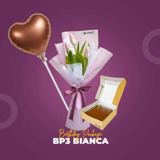 BP3 Bianca Birthday Package with Treasured Perennial Flower Bouquet, birthday balloon, and Chocolate Decadent Cake