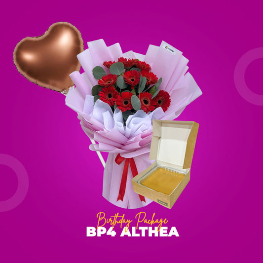 BP4 Althea Birthday Package with red gerbera bouquet, birthday balloon, and Caramel Decadent Cake
