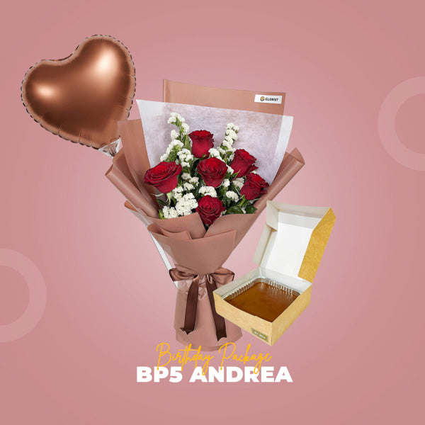 BP5 Andrea Birthday Package with imported rose bouquet, birthday balloon, and Chocolate Decadent Cake