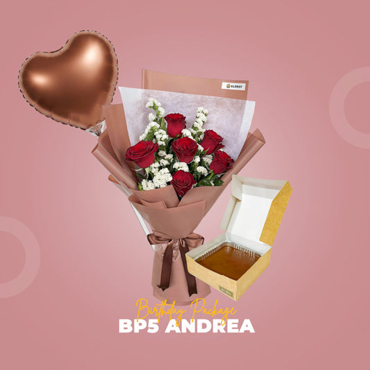 BP5 Andrea Birthday Package with imported rose bouquet, birthday balloon, and Chocolate Decadent Cake