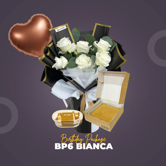 BP6 Bianca Rose Birthday Package with imported rose bouquet, birthday balloon, Mango Choco Tango, and Caramel Decadent Cake